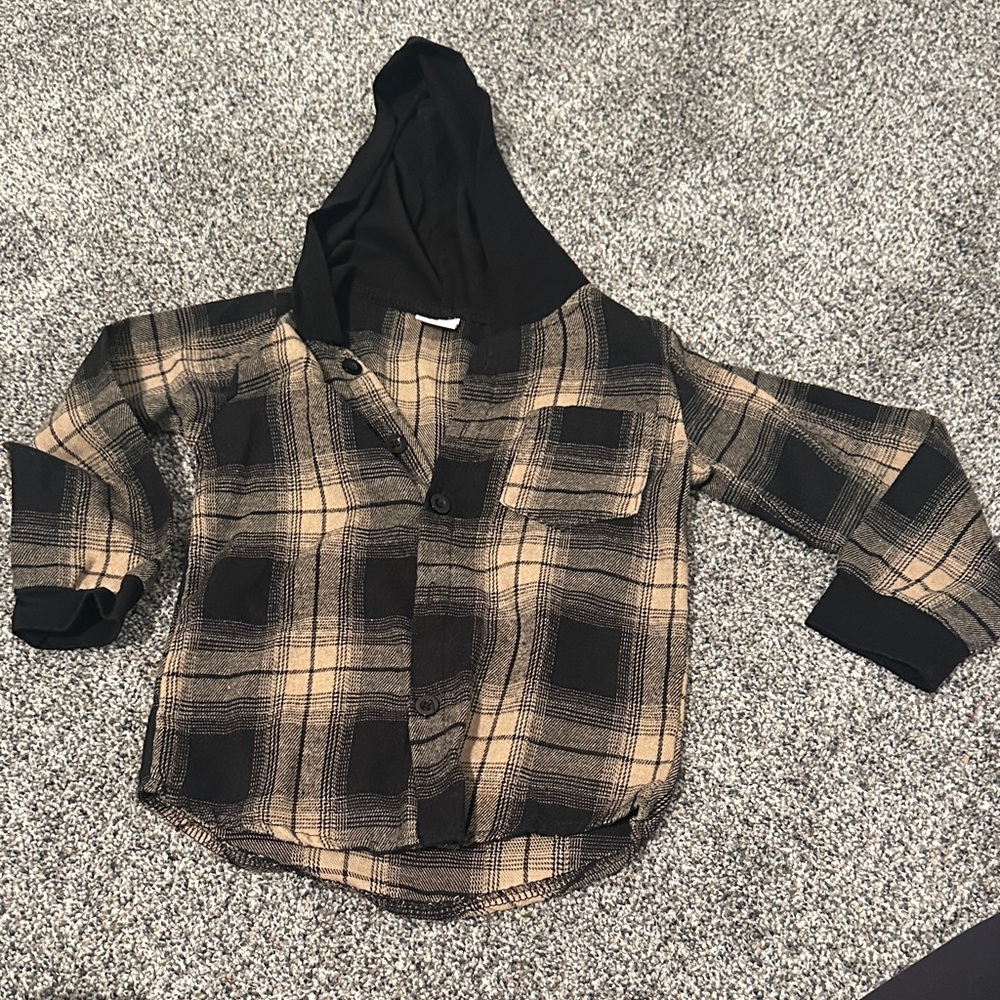 Kids Plaid Hooded Button-Up Shirt Jacket - Black & Tan